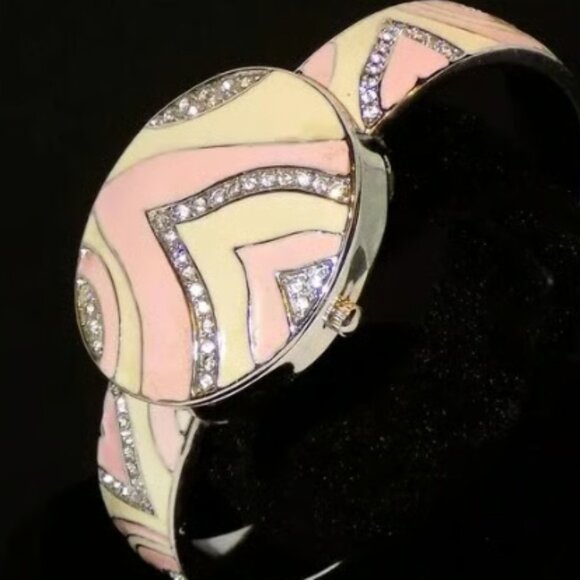 Narmi Accessories - Vintage Rare Narmi Enamel Rhinestone Bracelet Watch with Case Cover MOP, Runs